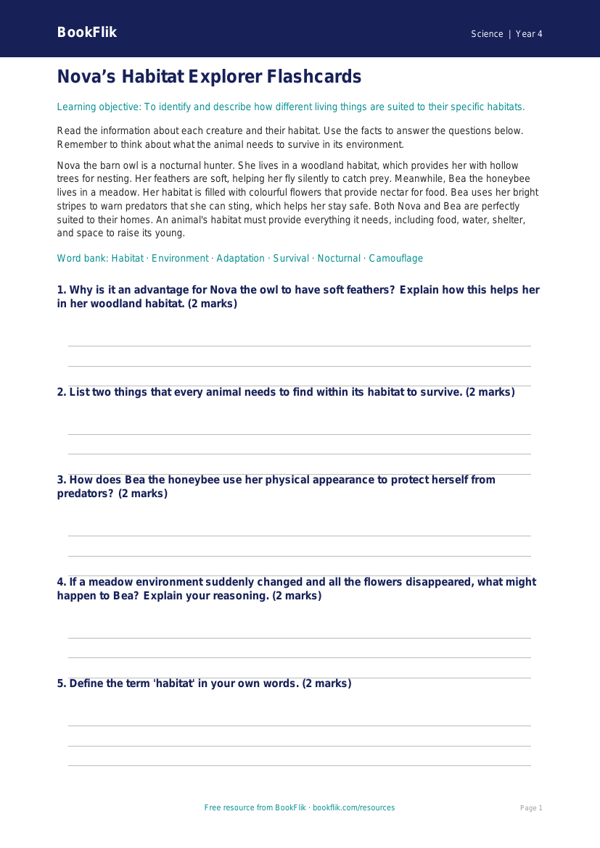 Free Habitats Flashcards | Year 4 Science | BookFlik worksheet preview — Science Habitats