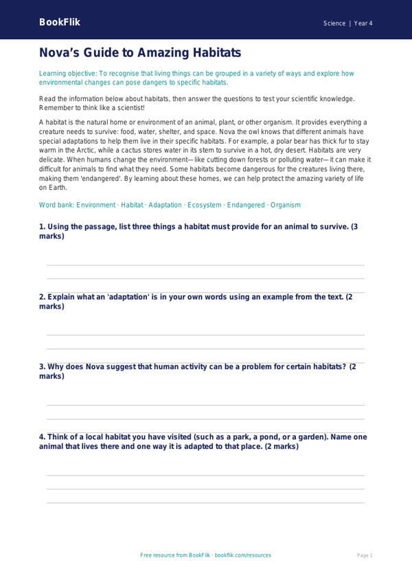 Free Habitats Poster | Year 4 Science Worksheet | BookFlik worksheet preview — Science Habitats