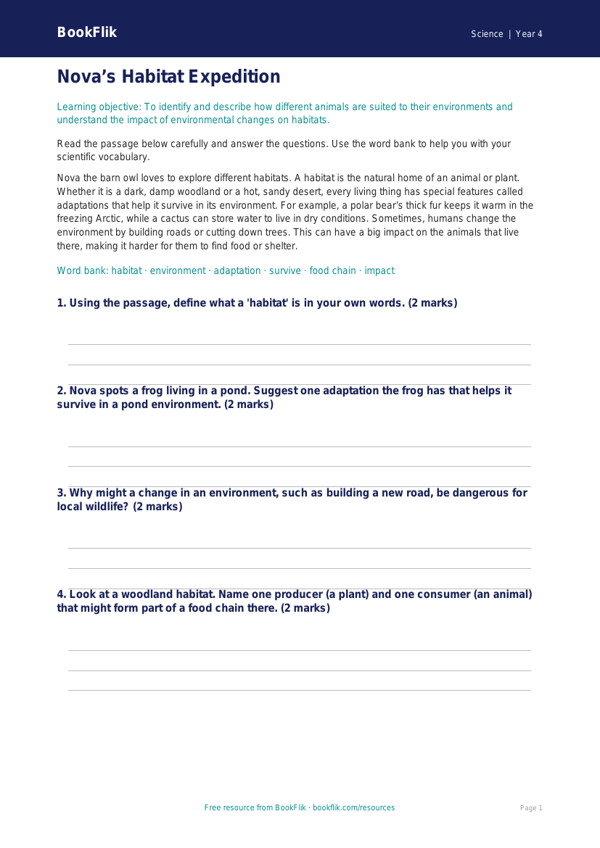 Free Habitats Quiz | Year 4 Core | BookFlik worksheet preview — Science Habitats