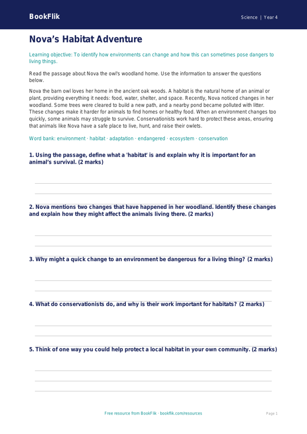 Free Habitats Template | Year 4 Core | BookFlik worksheet preview — Science Habitats