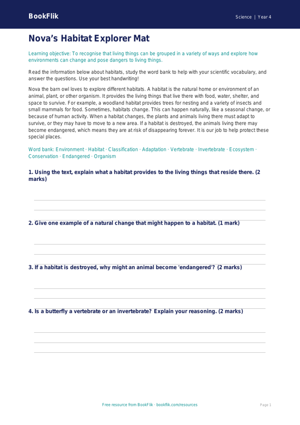 Free Habitats Word Mat | Year 4 Core | BookFlik worksheet preview — Science Habitats