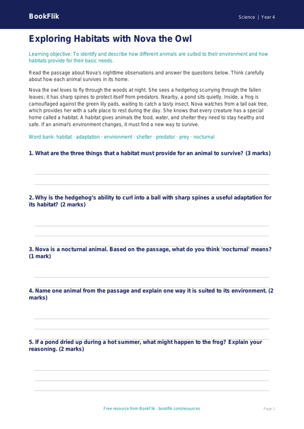 Free Habitats Worksheet | Year 4 Science | BookFlik worksheet preview — Science Habitats