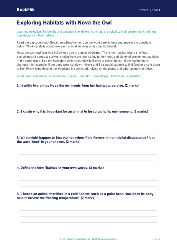 Free Habitats Writing Frame | Year 4 Core | BookFlik worksheet preview — Science Habitats