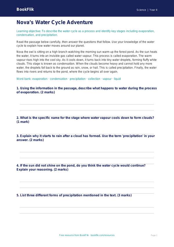 Free Water Cycle Assessment | Year 4 Core | BookFlik worksheet preview — Science Water Cycle