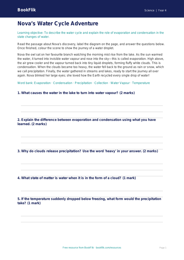Free Water Cycle Colouring Page | Year 4 Core | BookFlik worksheet preview — Science Water Cycle