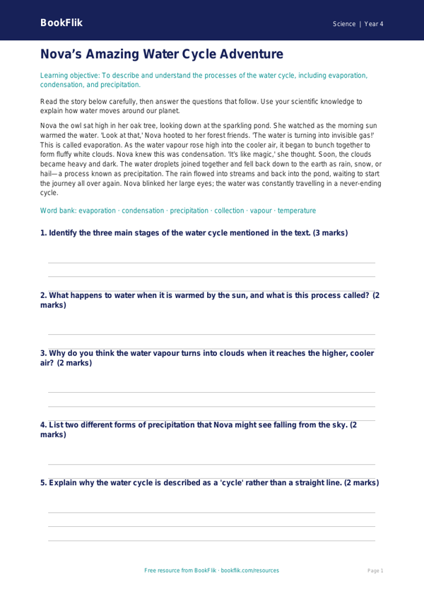 Free Water Cycle Comprehension | Year 4 Core | BookFlik worksheet preview — Science Water Cycle