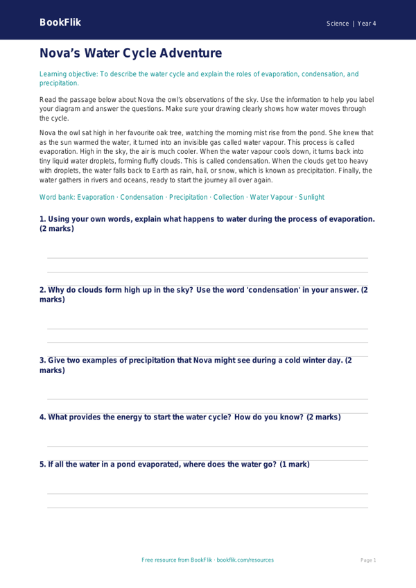 Free Water Cycle Drawing Sheet | Year 4 Core | BookFlik worksheet preview — Science Water Cycle