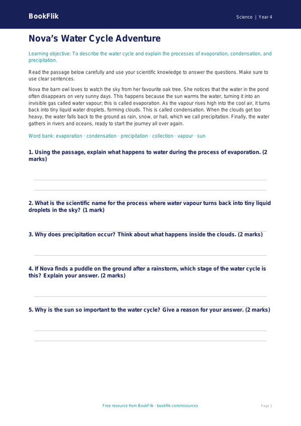 Free Water Cycle Quiz | Year 4 Core | BookFlik worksheet preview — Science Water Cycle