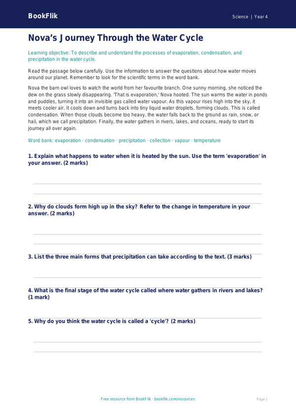 Free Water Cycle Worksheet | Year 4 Science Printables | BookFlik worksheet preview — Science Water Cycle