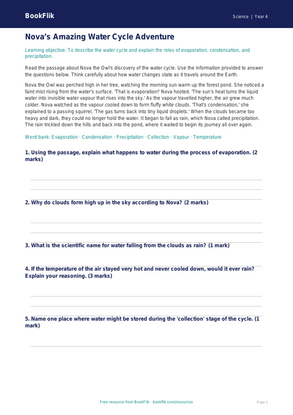 Free Water Cycle Track Sheet | Year 4 Core | BookFlik worksheet preview — Science Water Cycle