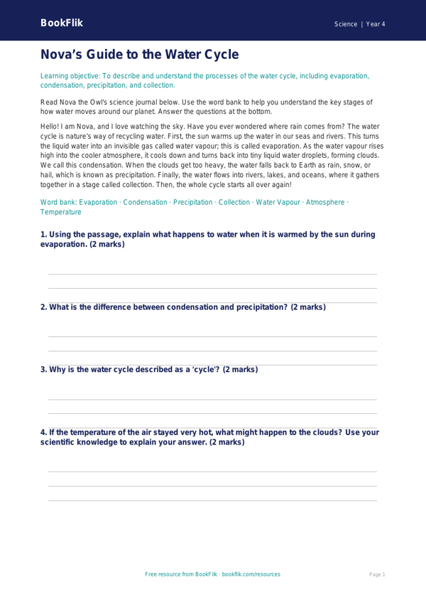 Free Water Cycle Word Mat | Year 4 Core | BookFlik worksheet preview — Science Water Cycle