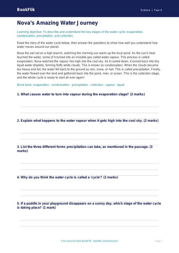 Free Water Cycle Worksheet | Year 4 Core | BookFlik worksheet preview — Science Water Cycle