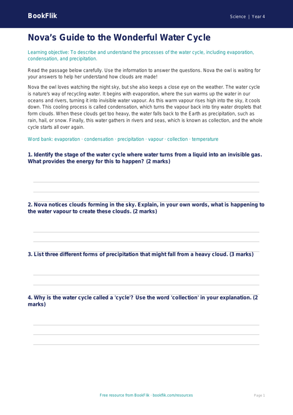 Free Water Cycle Writing Frame | Year 4 Core | BookFlik worksheet preview — Science Water Cycle