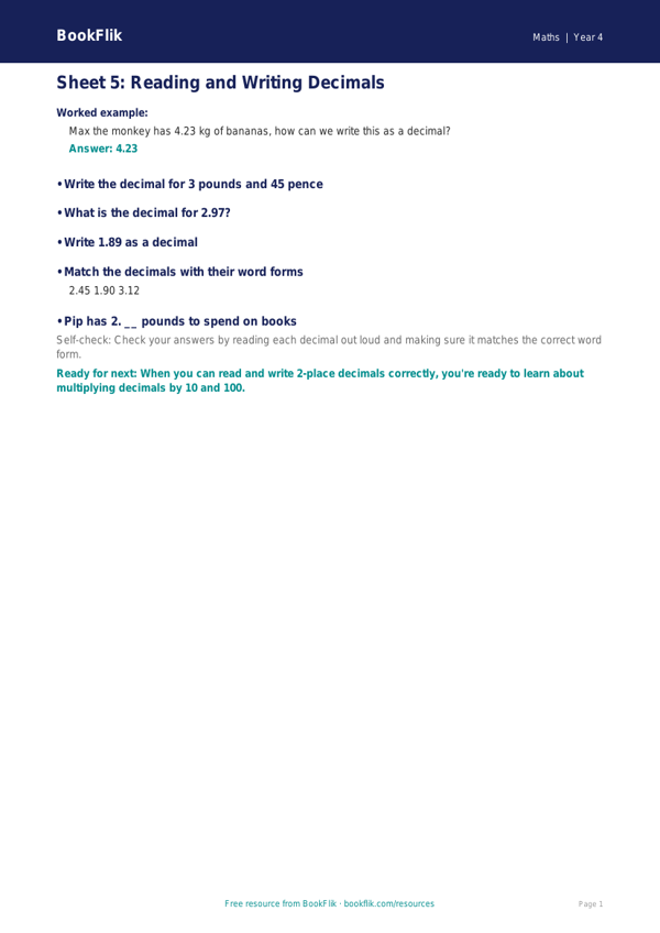 Free English Track Level D Sheet 5 | Year 4 | BookFlik worksheet preview — Maths D