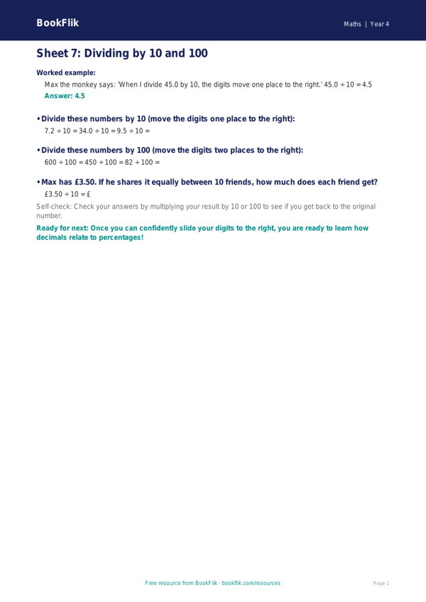Free English Track Level D Sheet 7 | Year 4 | BookFlik worksheet preview — Maths D