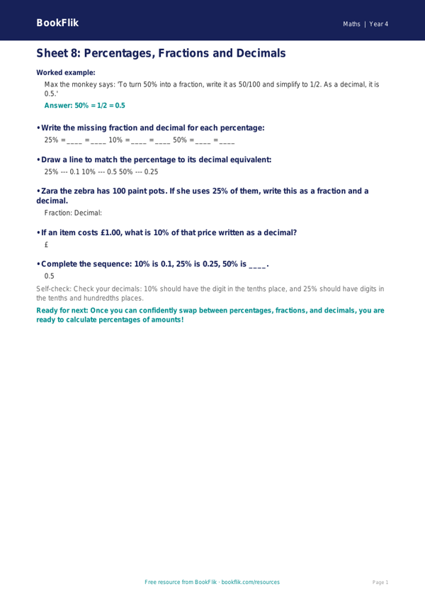 Free English Track Level D Sheet 8 | Year 4 | BookFlik worksheet preview — Maths D