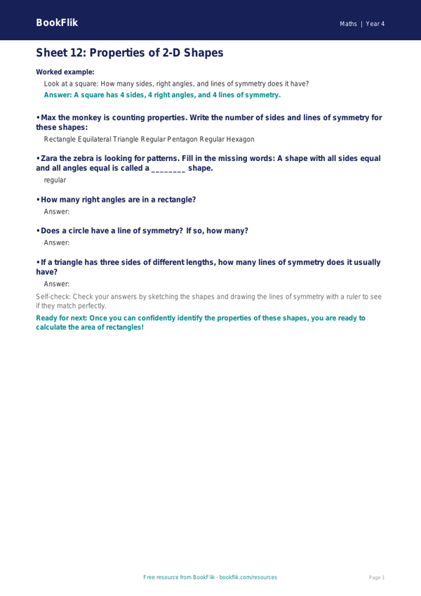 Free English Track Level D Sheet 12 | Year 4 | BookFlik worksheet preview — Maths D